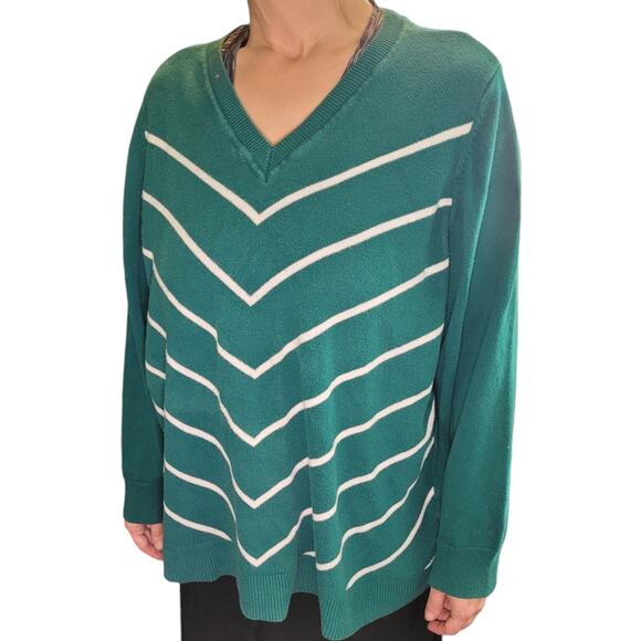 LIZ CLAIBORNE Womens Green Chevron Sweater Sz 2X V-Neck Minimalist Graphic - Picture 8 of 8